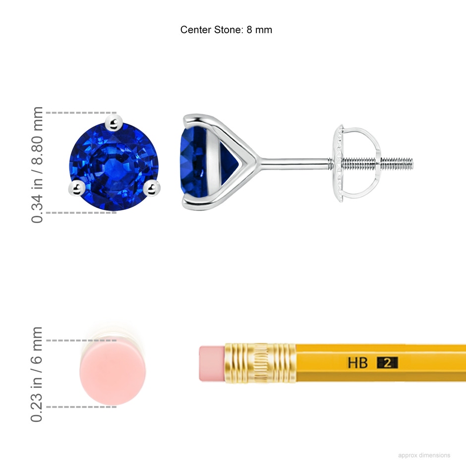 8mm AAAA Martini-Set Round Blue Sapphire Stud Earrings in P950 Platinum ruler