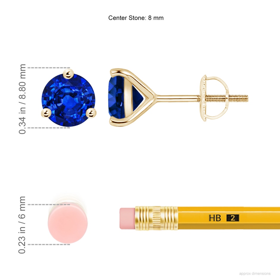 8mm AAAA Martini-Set Round Blue Sapphire Stud Earrings in Yellow Gold ruler