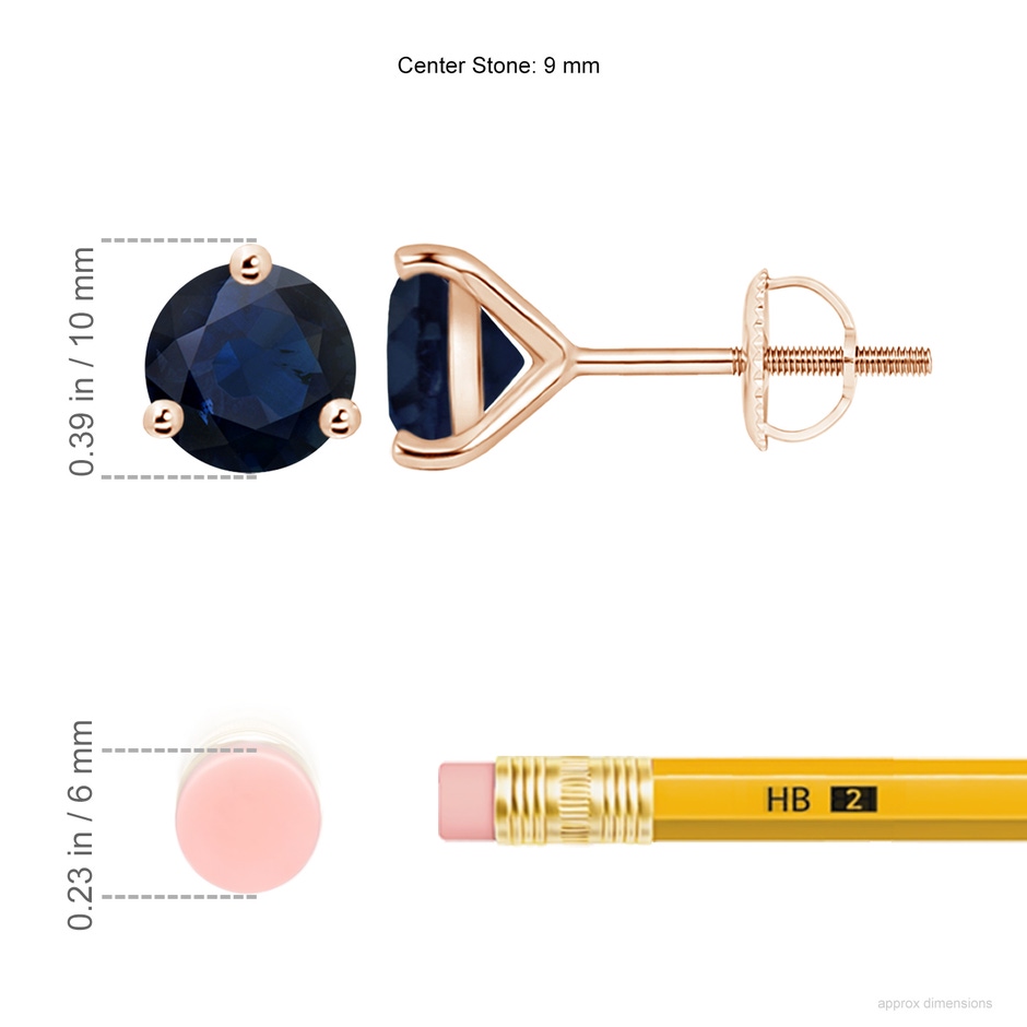 9mm A Martini-Set Round Blue Sapphire Stud Earrings in Rose Gold ruler