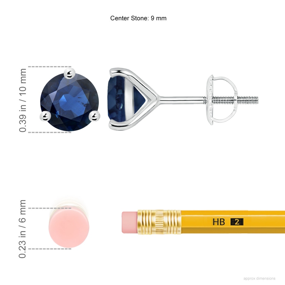 9mm AA Martini-Set Round Blue Sapphire Stud Earrings in P950 Platinum ruler