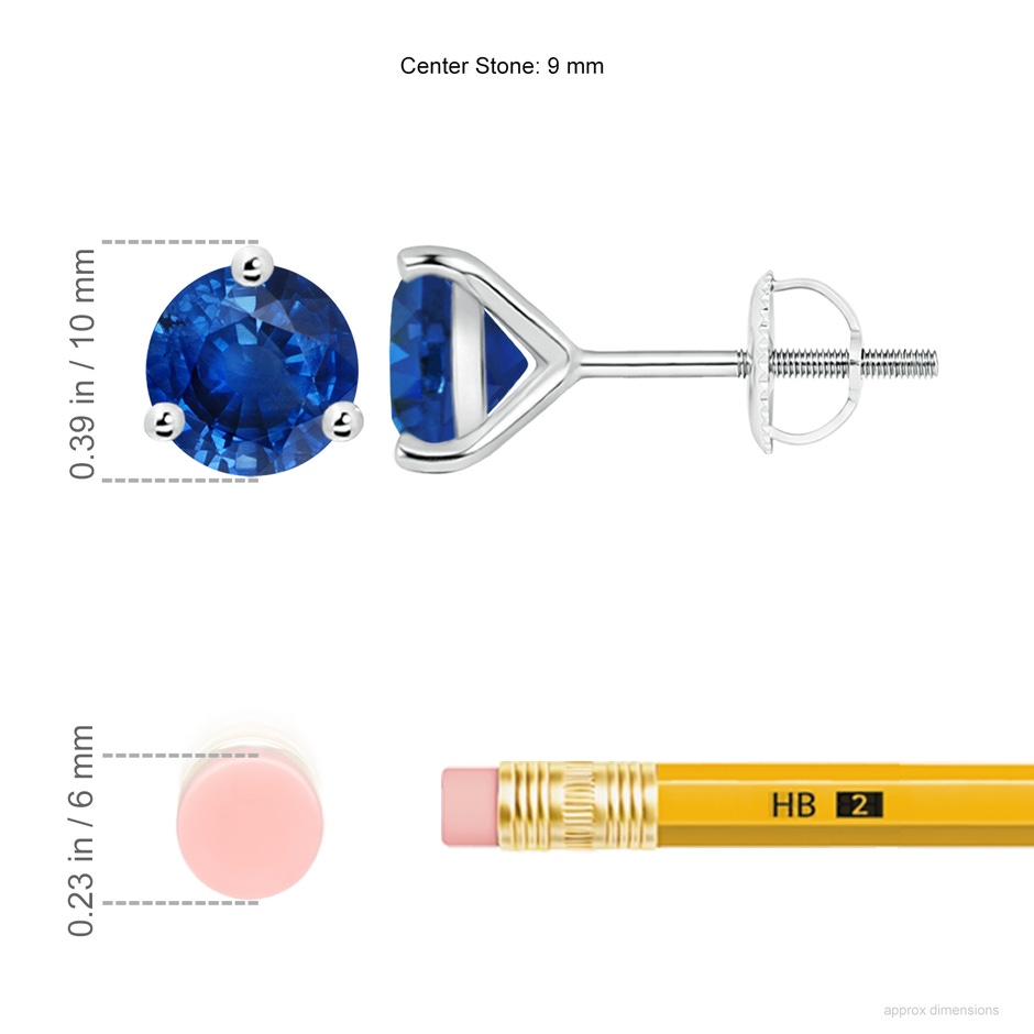 9mm AAA Martini-Set Round Blue Sapphire Stud Earrings in P950 Platinum ruler