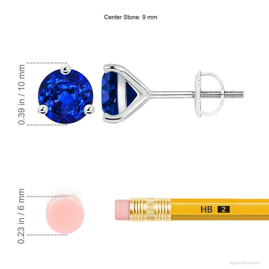 9mm AAAA Martini-Set Round Blue Sapphire Stud Earrings in P950 Platinum ruler