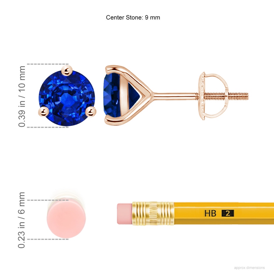 9mm AAAA Martini-Set Round Blue Sapphire Stud Earrings in Rose Gold ruler