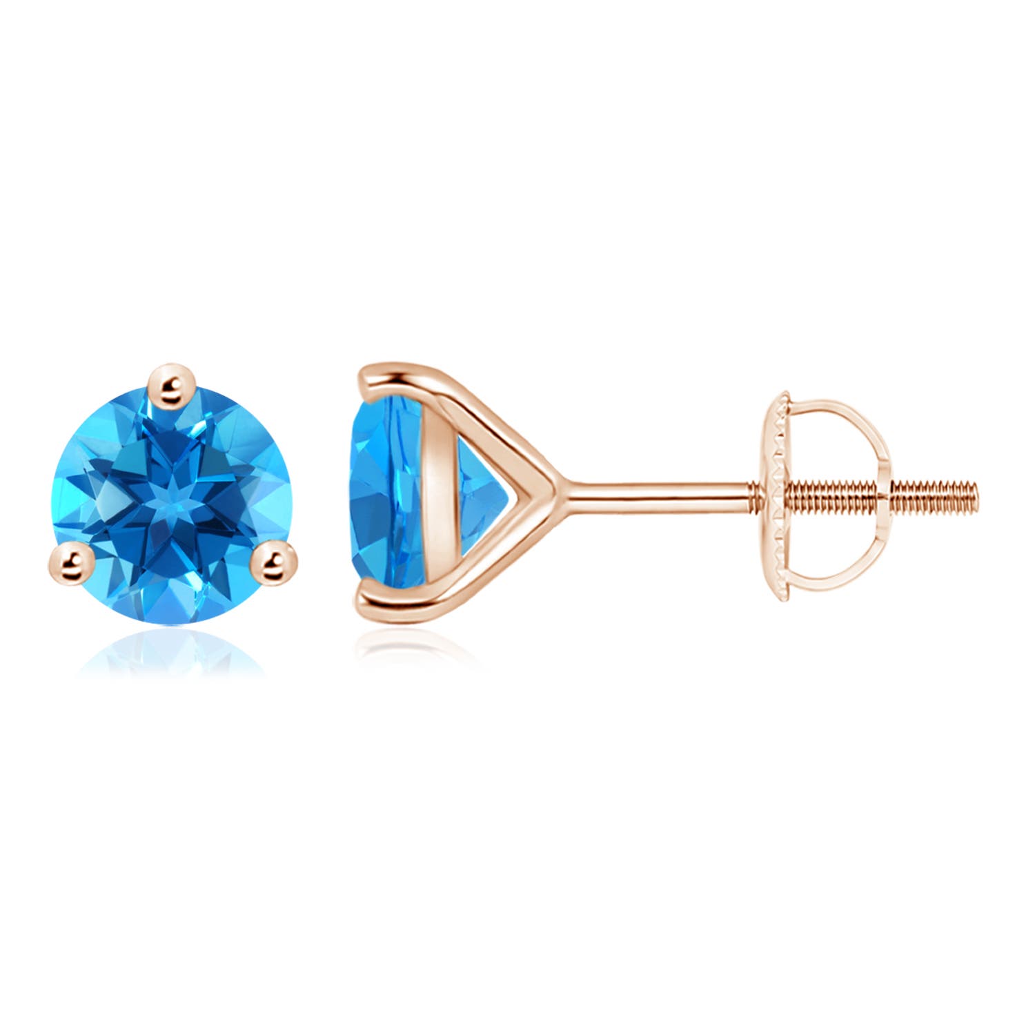 8mm AAAA Martini-Set Round Swiss Blue Topaz Stud Earrings in 18K Rose Gold