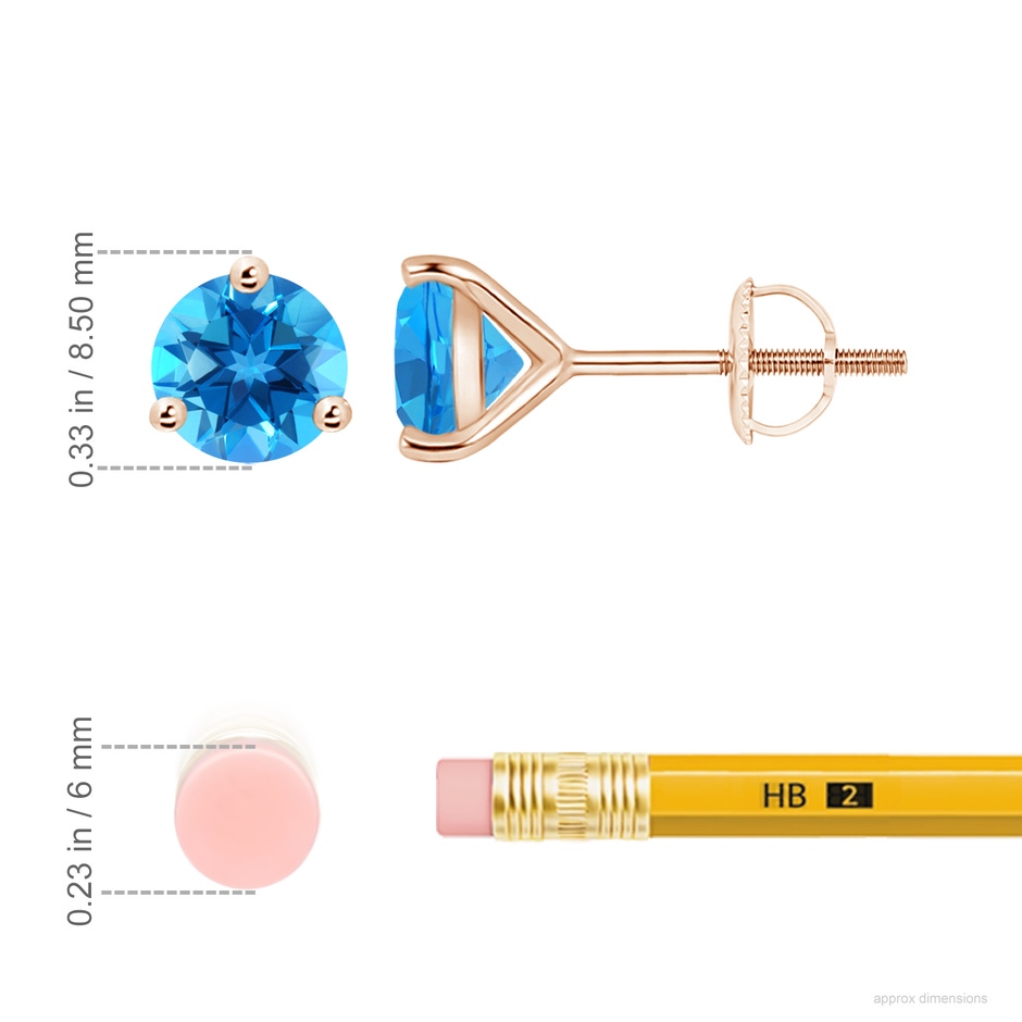 8mm AAAA Martini-Set Round Swiss Blue Topaz Stud Earrings in 18K Rose Gold ruler