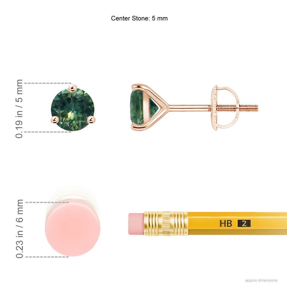 5mm AA Martini-Set Round Teal Montana Sapphire Stud Earrings in Rose Gold ruler