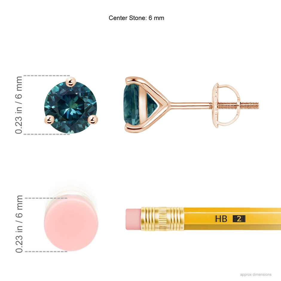 6mm AAA Martini-Set Round Teal Montana Sapphire Stud Earrings in Rose Gold ruler
