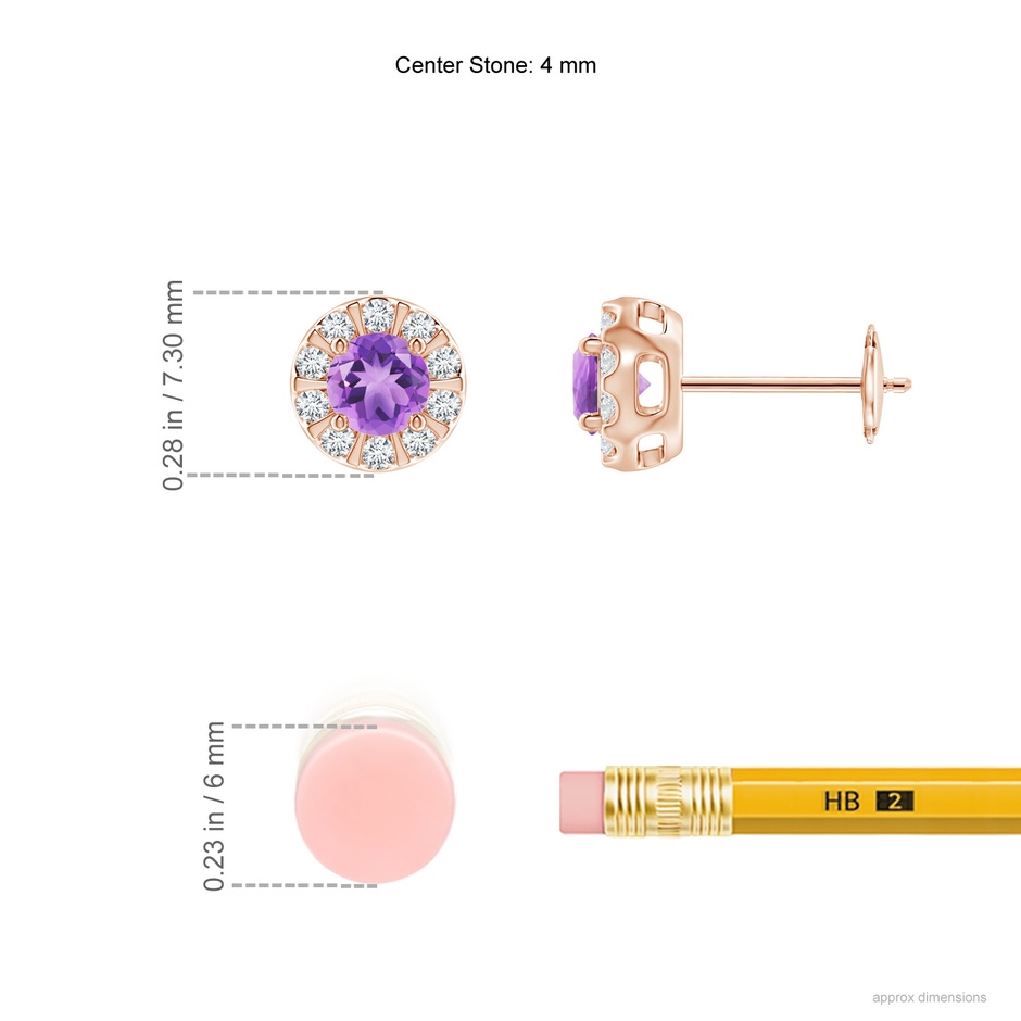4mm A Amethyst Stud Earrings with Bar-Set Diamond Halo in Rose Gold ruler