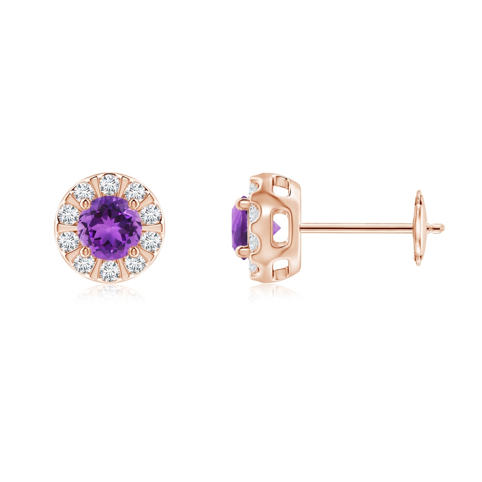 4mm AAA Amethyst Stud Earrings with Bar-Set Diamond Halo in Rose Gold 