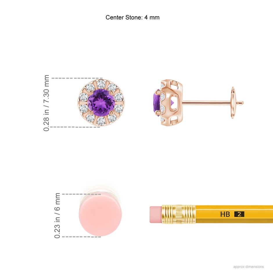 4mm AAA Amethyst Stud Earrings with Bar-Set Diamond Halo in Rose Gold ruler