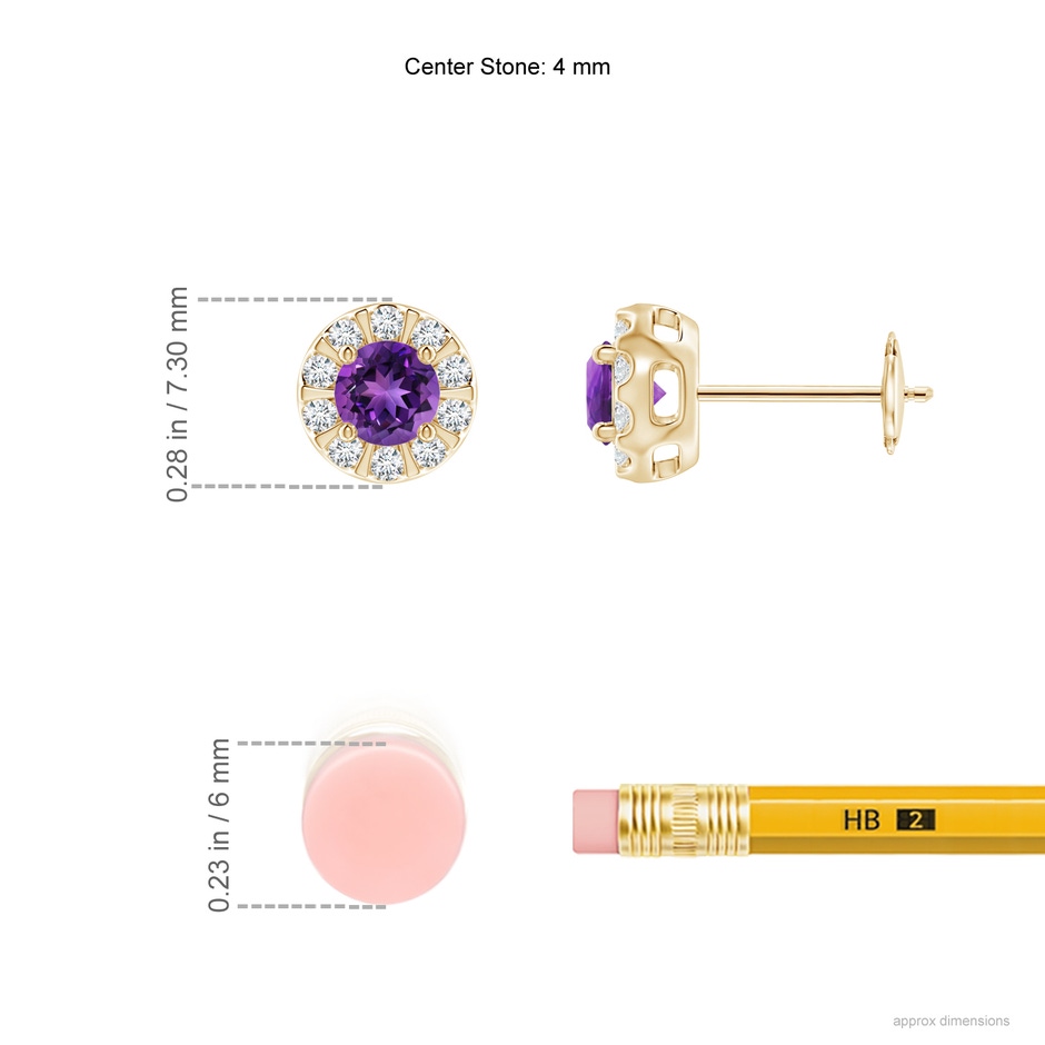 4mm AAAA Amethyst Stud Earrings with Bar-Set Diamond Halo in Yellow Gold ruler