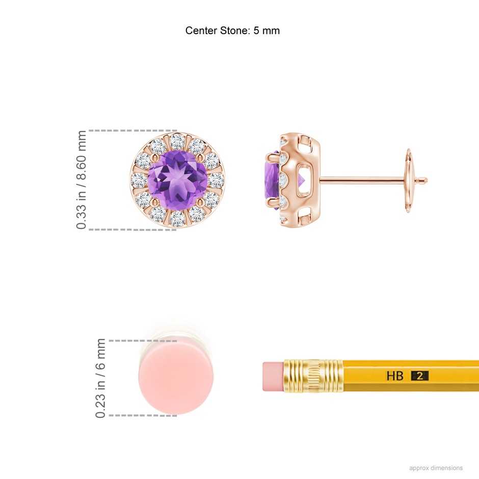 5mm A Amethyst Stud Earrings with Bar-Set Diamond Halo in Rose Gold ruler