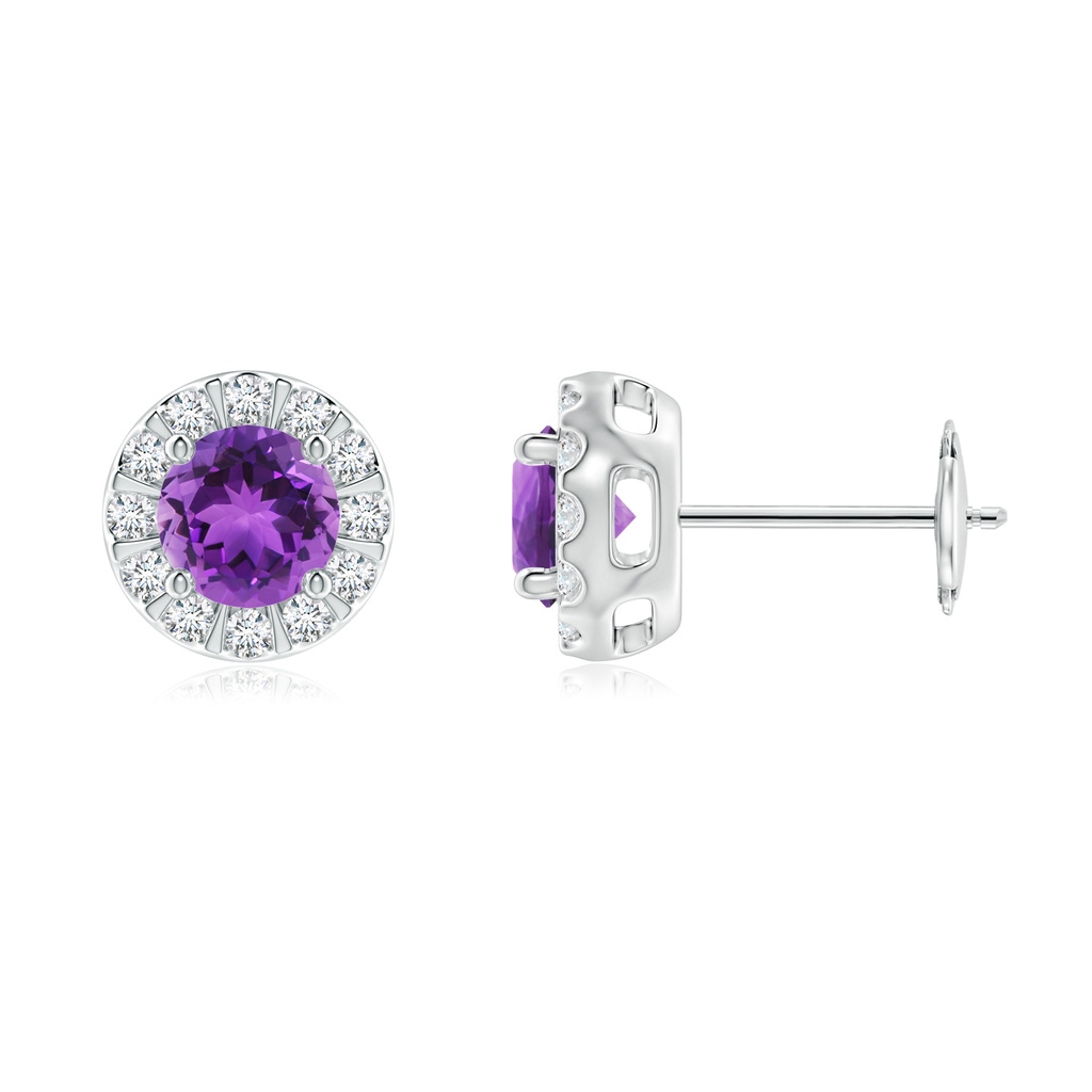 5mm AAA Amethyst Stud Earrings with Bar-Set Diamond Halo in White Gold