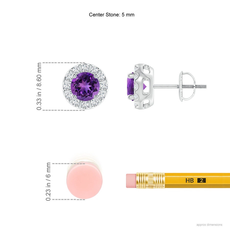 5mm AAAA Amethyst Stud Earrings with Bar-Set Diamond Halo in P950 Platinum ruler