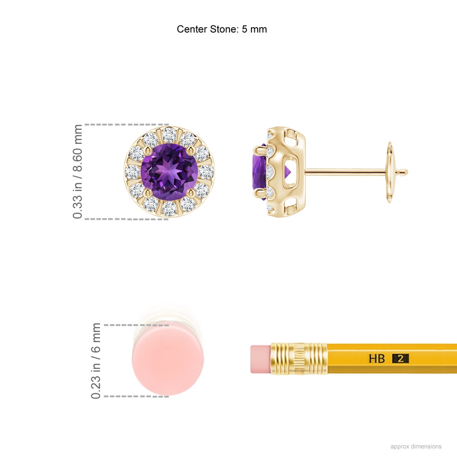 5mm AAAA Amethyst Stud Earrings with Bar-Set Diamond Halo in Yellow Gold ruler