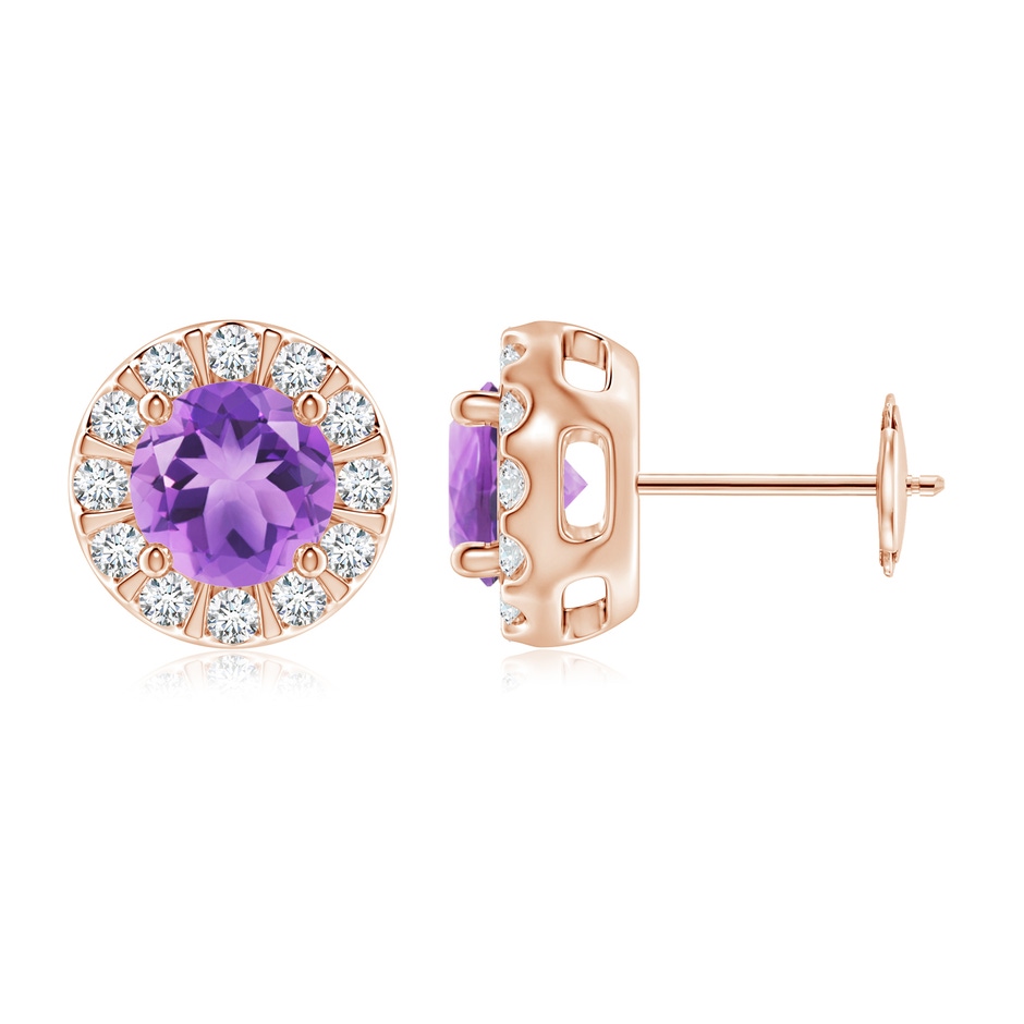 6mm A Amethyst Stud Earrings with Bar-Set Diamond Halo in Rose Gold 