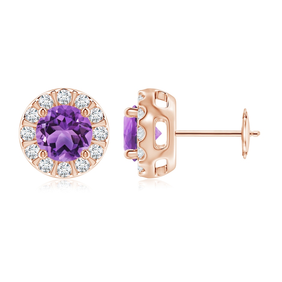 6mm AA Amethyst Stud Earrings with Bar-Set Diamond Halo in Rose Gold 