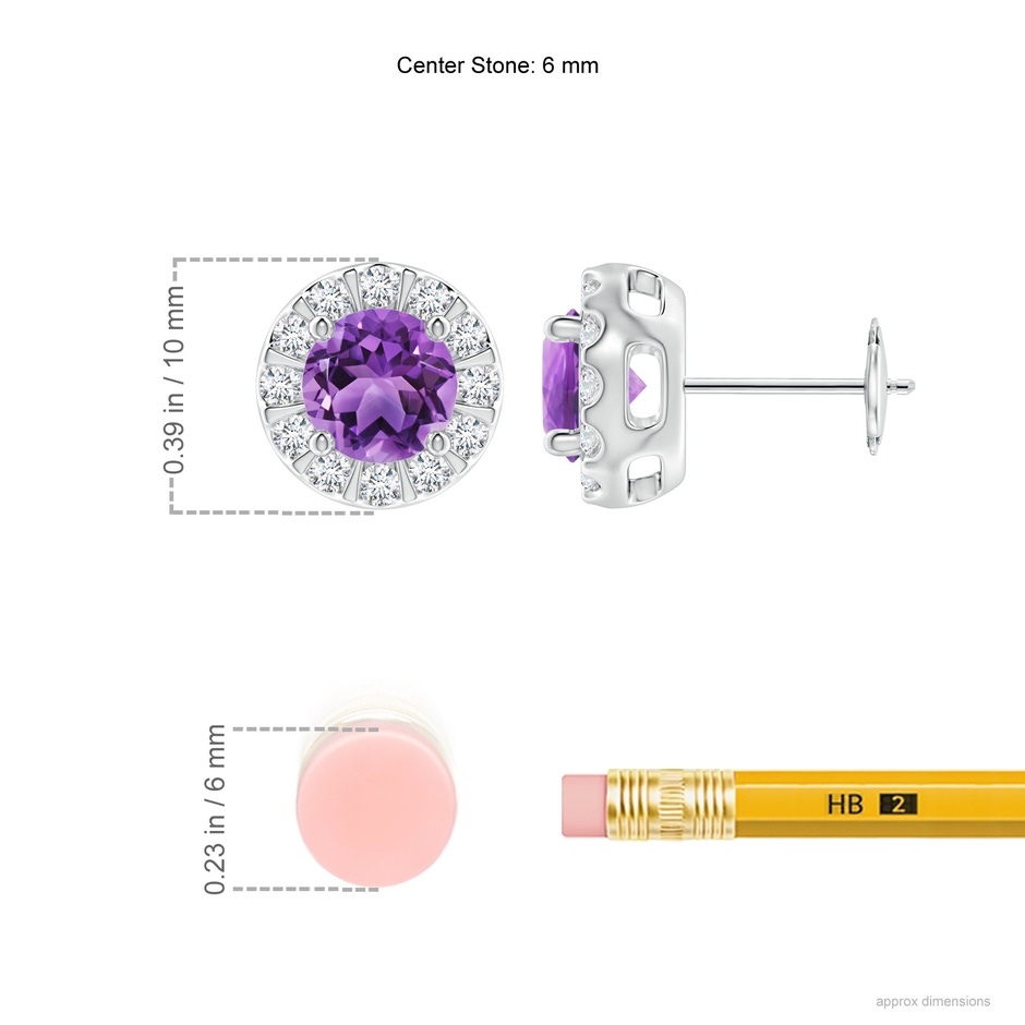 6mm AA Amethyst Stud Earrings with Bar-Set Diamond Halo in White Gold ruler