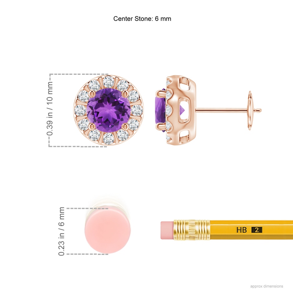 6mm AAA Amethyst Stud Earrings with Bar-Set Diamond Halo in Rose Gold ruler