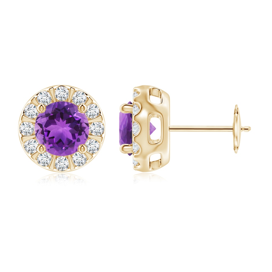 6mm AAA Amethyst Stud Earrings with Bar-Set Diamond Halo in Yellow Gold 