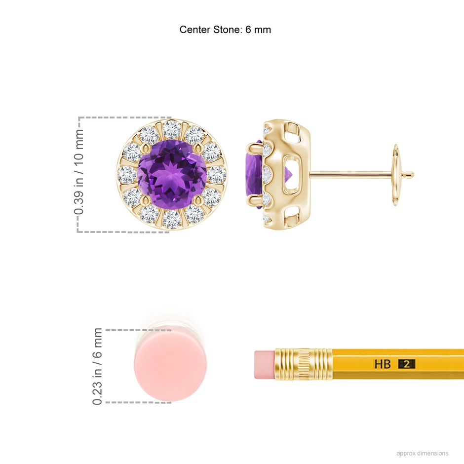 6mm AAA Amethyst Stud Earrings with Bar-Set Diamond Halo in Yellow Gold ruler