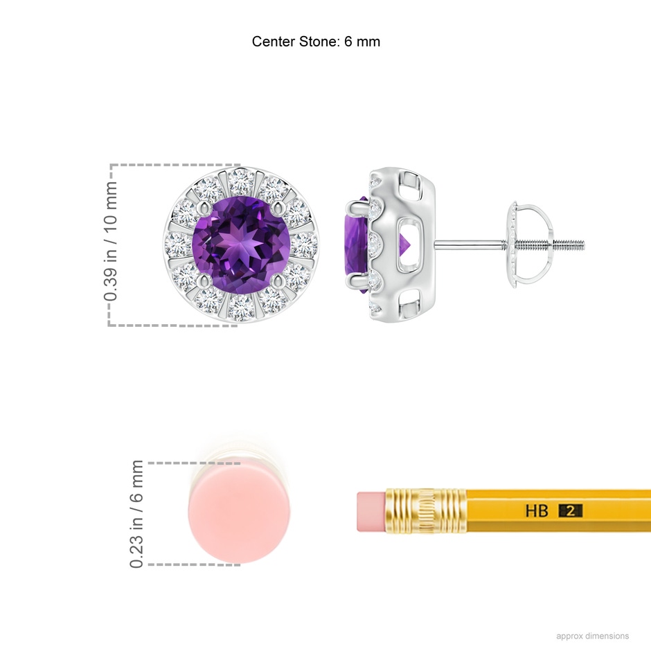 6mm AAAA Amethyst Stud Earrings with Bar-Set Diamond Halo in P950 Platinum ruler