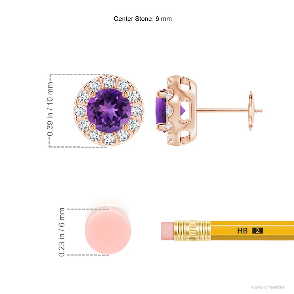 6mm AAAA Amethyst Stud Earrings with Bar-Set Diamond Halo in Rose Gold ruler