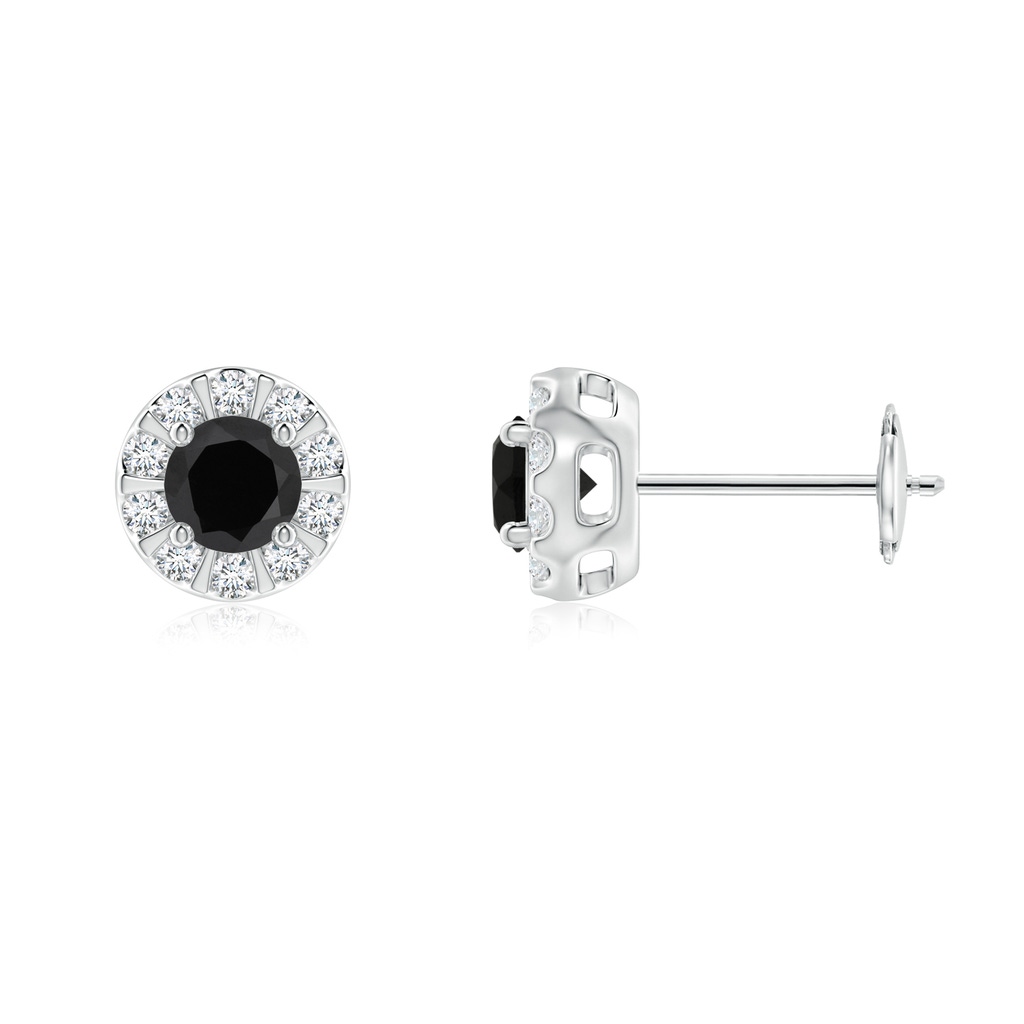 4mm AAA Black Onyx Stud Earrings with Bar-Set Diamond Halo in White Gold