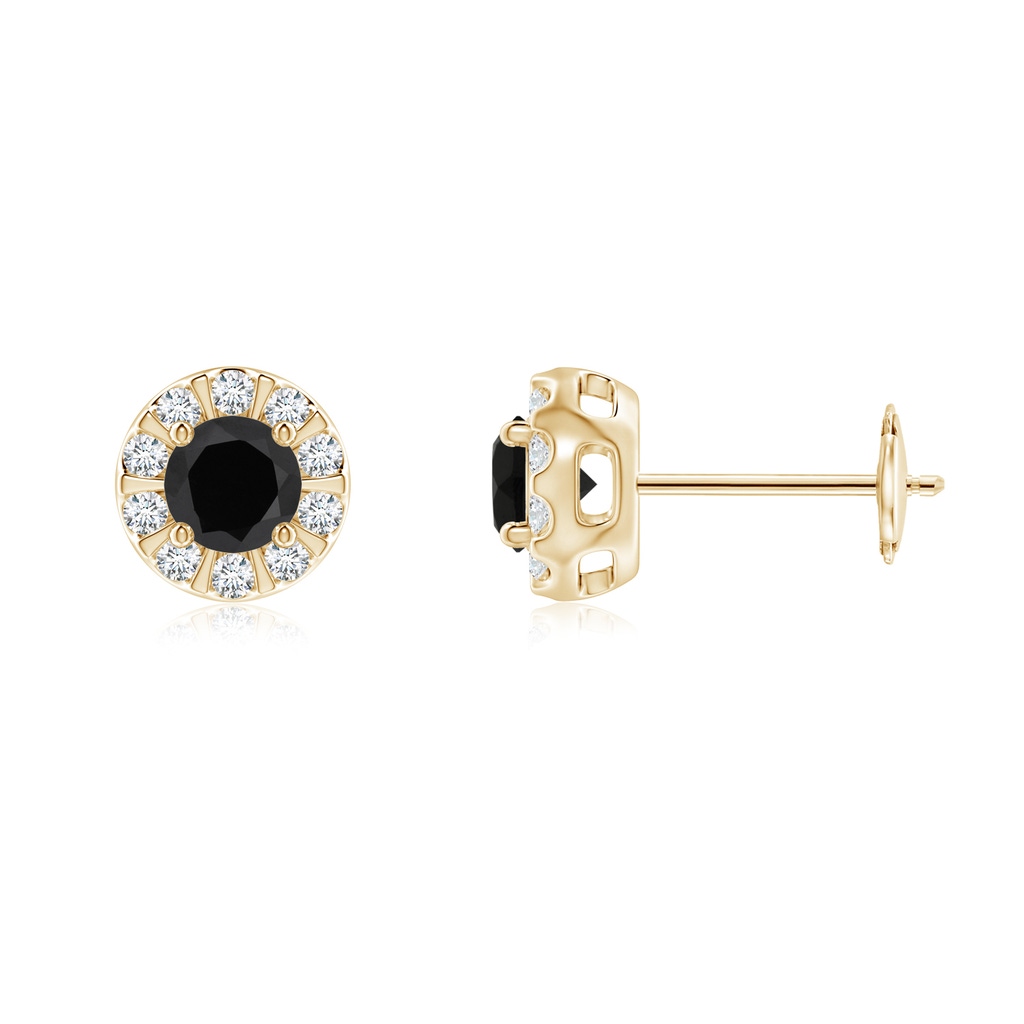4mm AAA Black Onyx Stud Earrings with Bar-Set Diamond Halo in Yellow Gold
