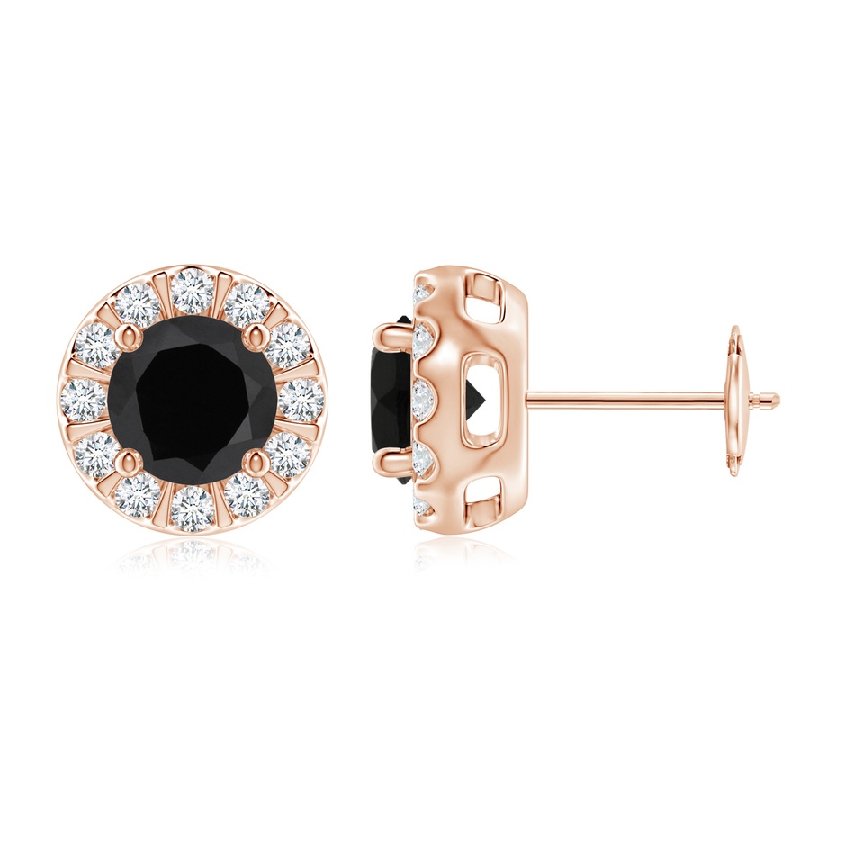 6mm AAA Black Onyx Stud Earrings with Bar-Set Diamond Halo in Rose Gold 
