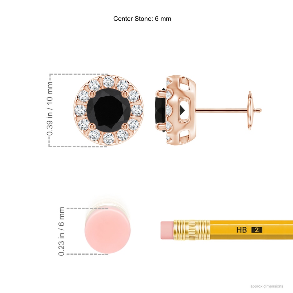 6mm AAA Black Onyx Stud Earrings with Bar-Set Diamond Halo in Rose Gold ruler