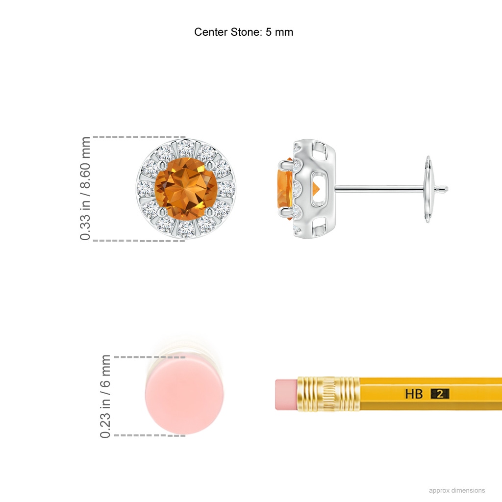 5mm AAA Citrine Stud Earrings with Bar-Set Diamond Halo in White Gold Ruler