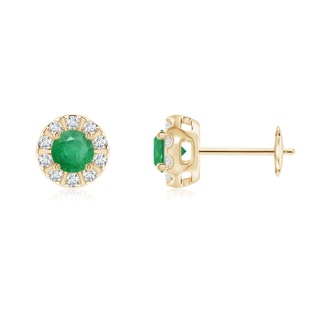4mm A Emerald Stud Earrings with Bar-Set Diamond Halo in Yellow Gold