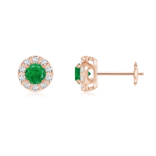 4mm AA Emerald Stud Earrings with Bar-Set Diamond Halo in 10K Rose Gold