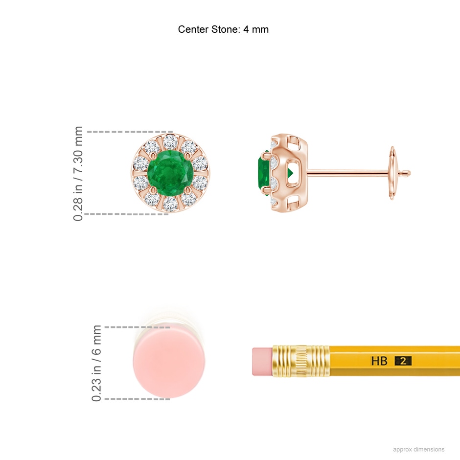 4mm AA Emerald Stud Earrings with Bar-Set Diamond Halo in Rose Gold ruler