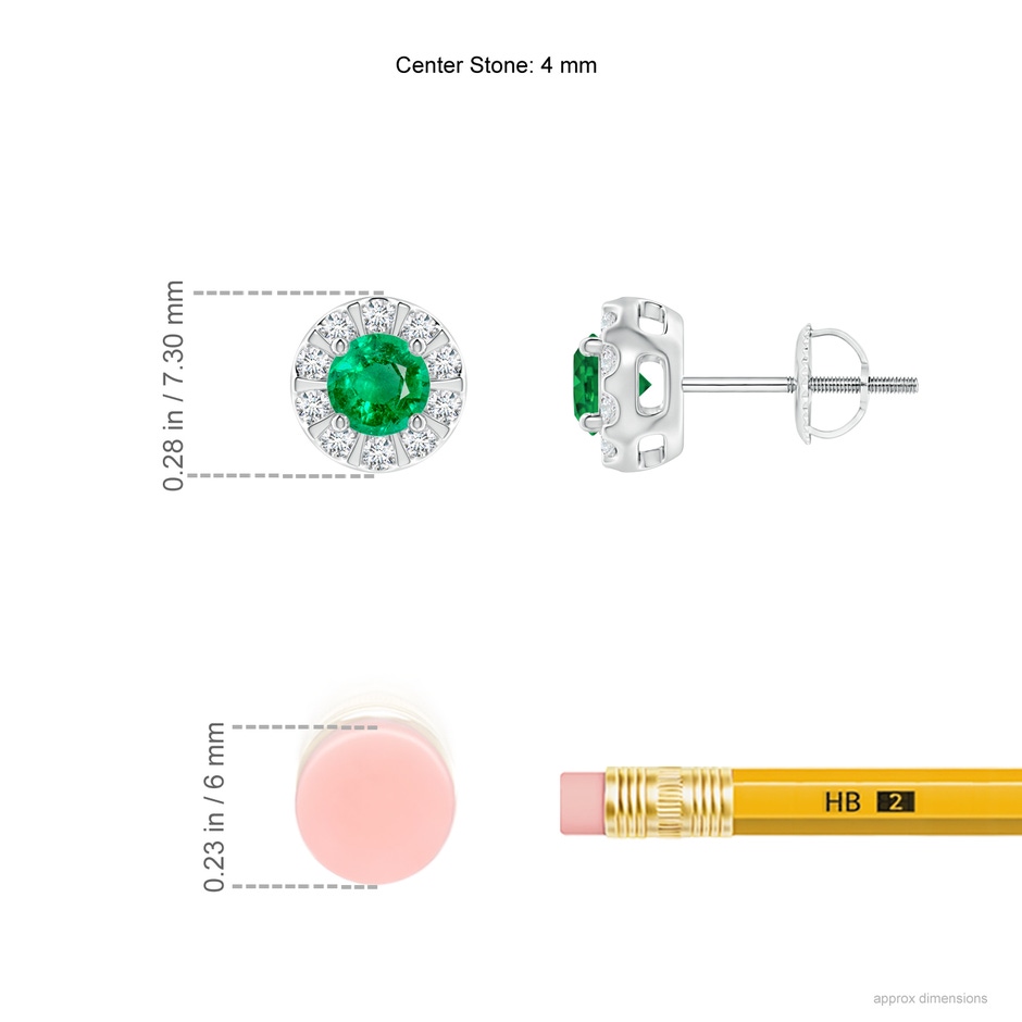 4mm AAA Emerald Stud Earrings with Bar-Set Diamond Halo in P950 Platinum ruler