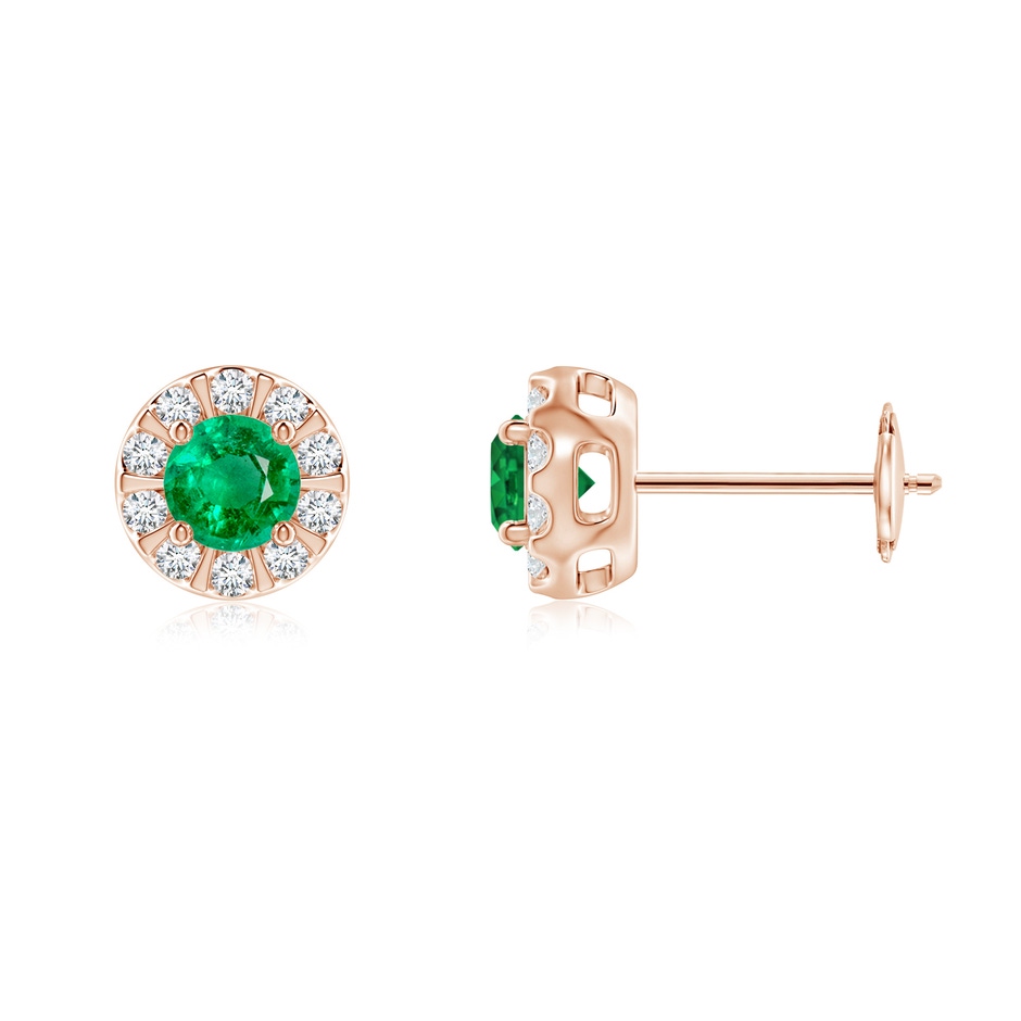 4mm AAA Emerald Stud Earrings with Bar-Set Diamond Halo in Rose Gold 