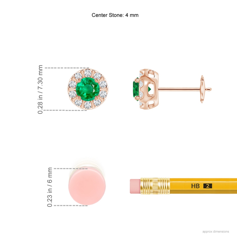 4mm AAA Emerald Stud Earrings with Bar-Set Diamond Halo in Rose Gold ruler