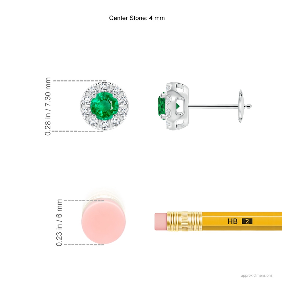 4mm AAA Emerald Stud Earrings with Bar-Set Diamond Halo in White Gold ruler