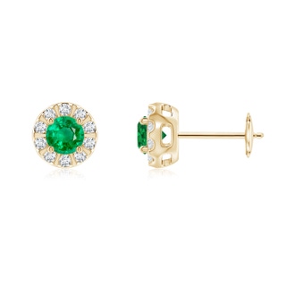 4mm AAA Emerald Stud Earrings with Bar-Set Diamond Halo in Yellow Gold