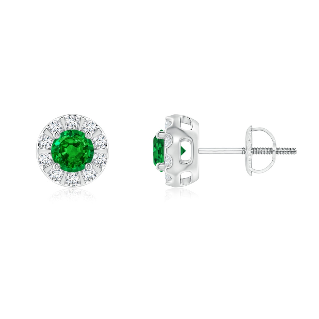 4mm AAAA Emerald Stud Earrings with Bar-Set Diamond Halo in P950 Platinum
