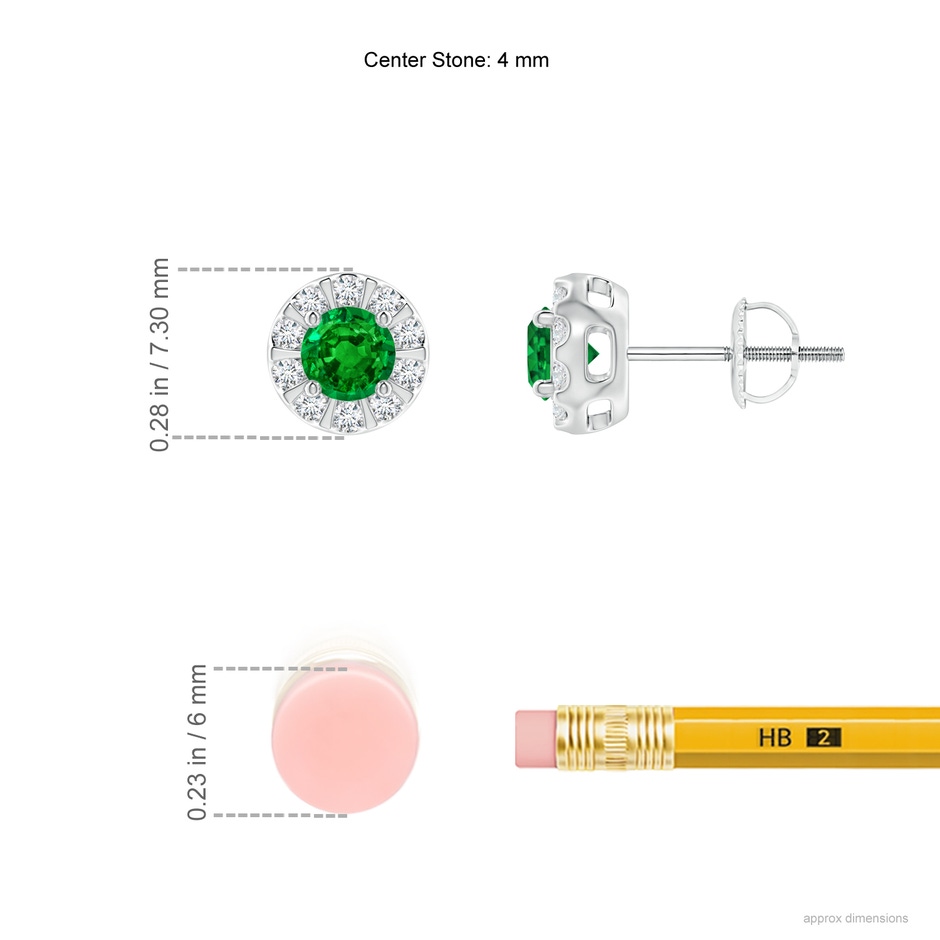 4mm AAAA Emerald Stud Earrings with Bar-Set Diamond Halo in P950 Platinum ruler