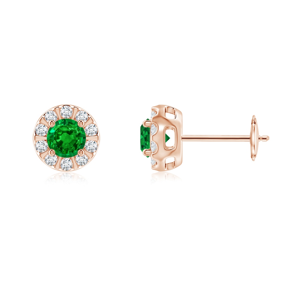 4mm AAAA Emerald Stud Earrings with Bar-Set Diamond Halo in Rose Gold