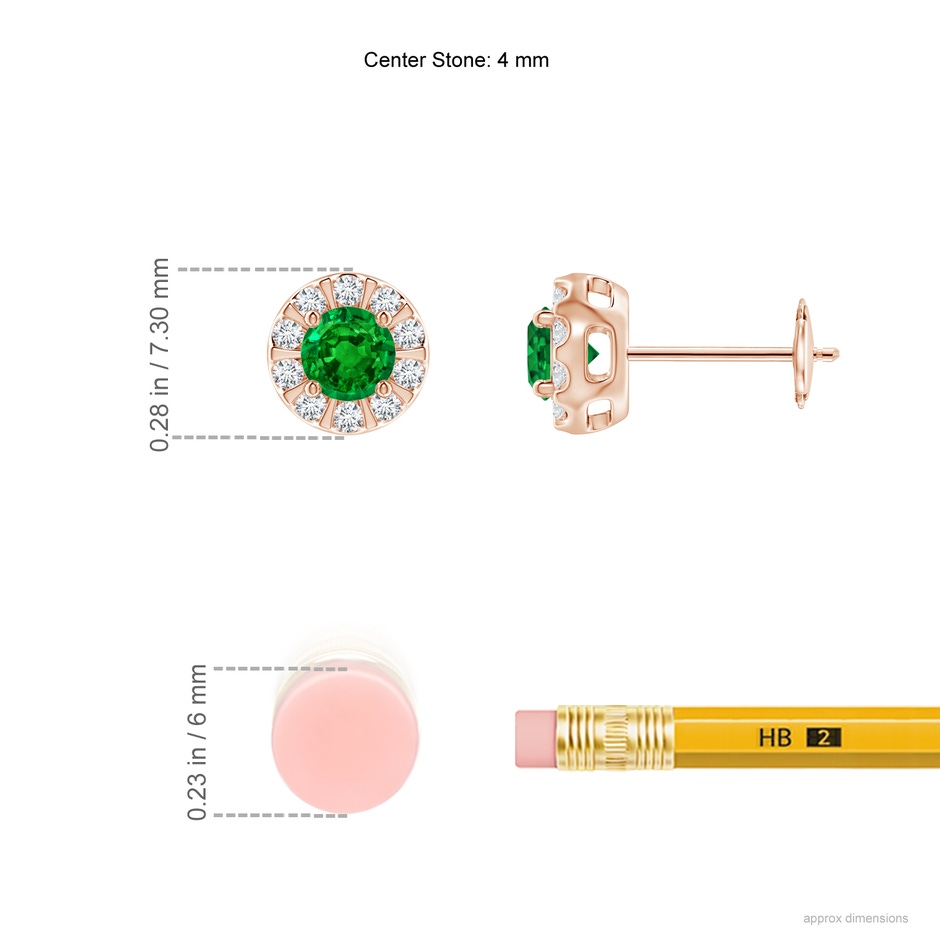 4mm AAAA Emerald Stud Earrings with Bar-Set Diamond Halo in Rose Gold ruler