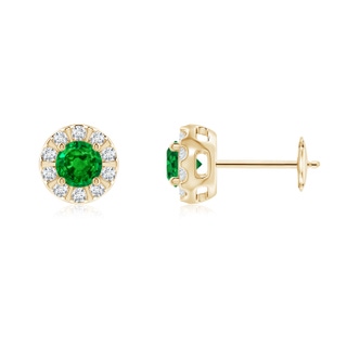 4mm AAAA Emerald Stud Earrings with Bar-Set Diamond Halo in Yellow Gold