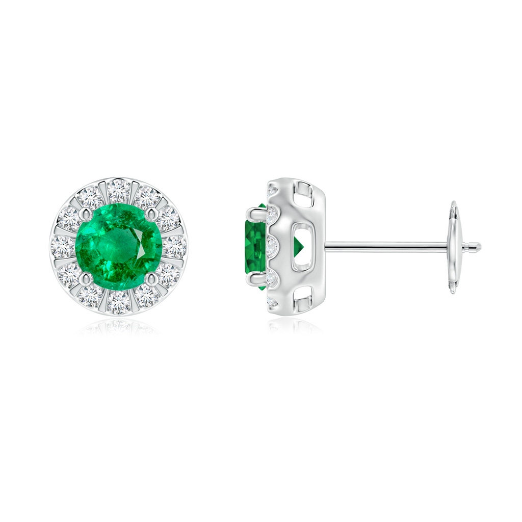 5mm AAA Emerald Stud Earrings with Bar-Set Diamond Halo in White Gold