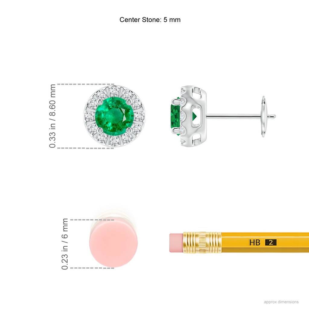 5mm AAA Emerald Stud Earrings with Bar-Set Diamond Halo in White Gold Ruler
