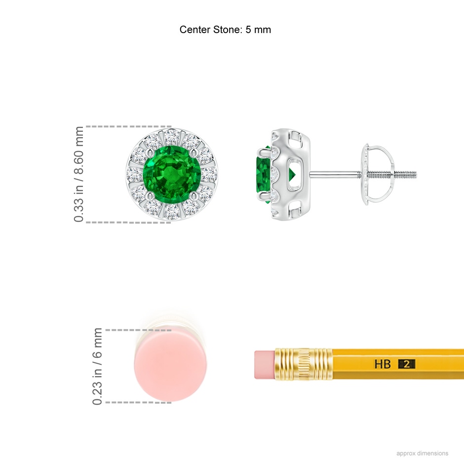 5mm AAAA Emerald Stud Earrings with Bar-Set Diamond Halo in P950 Platinum ruler