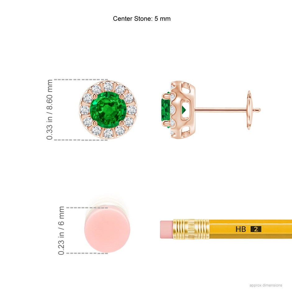 5mm AAAA Emerald Stud Earrings with Bar-Set Diamond Halo in Rose Gold ruler