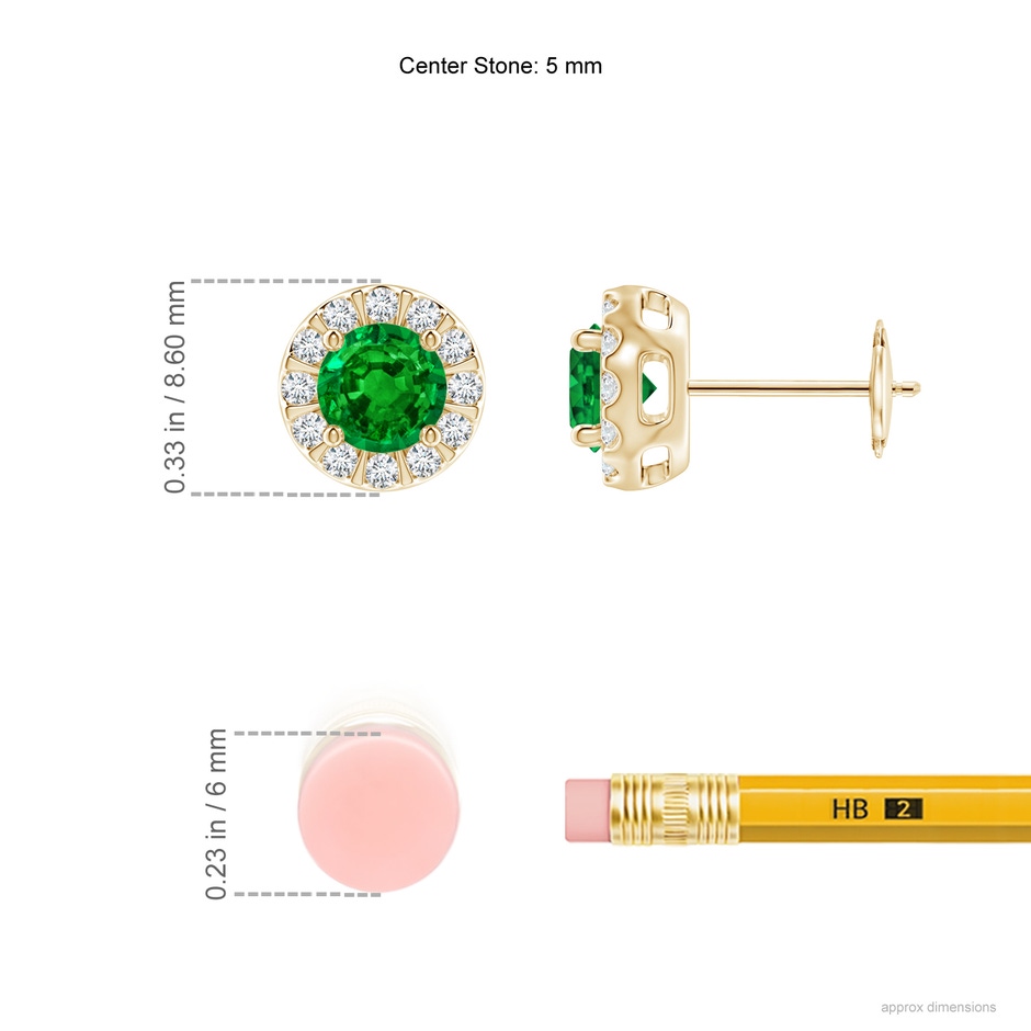 5mm AAAA Emerald Stud Earrings with Bar-Set Diamond Halo in Yellow Gold ruler